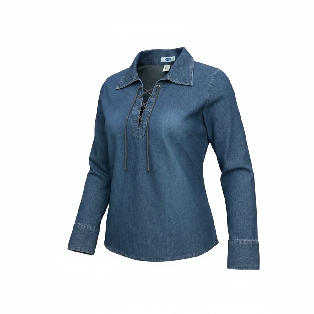 Old Navy Vintage 2003 Denim Lace Up Top Blue Long Sleeve Cotton Collared Large